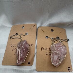 natural stone necklace, rough wire wrap,  1 darker 1 light pink on silver chain